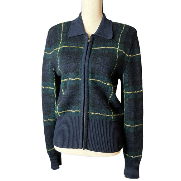 Vintage Kasper ASL Wool Cardigan with Zipper in Green Blue Plaid Size SP - Picture 1 of 5